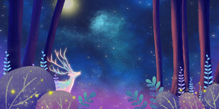 梦幻蓝紫色梦幻卡通简约手绘麋鹿树卡通草丛萤火虫梦幻森林背景